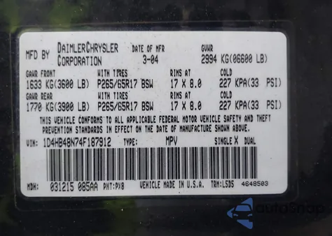 2004 Dodge Durango Slt z USA, uszkodzony, nr VIN 1D4HB48N74F187912